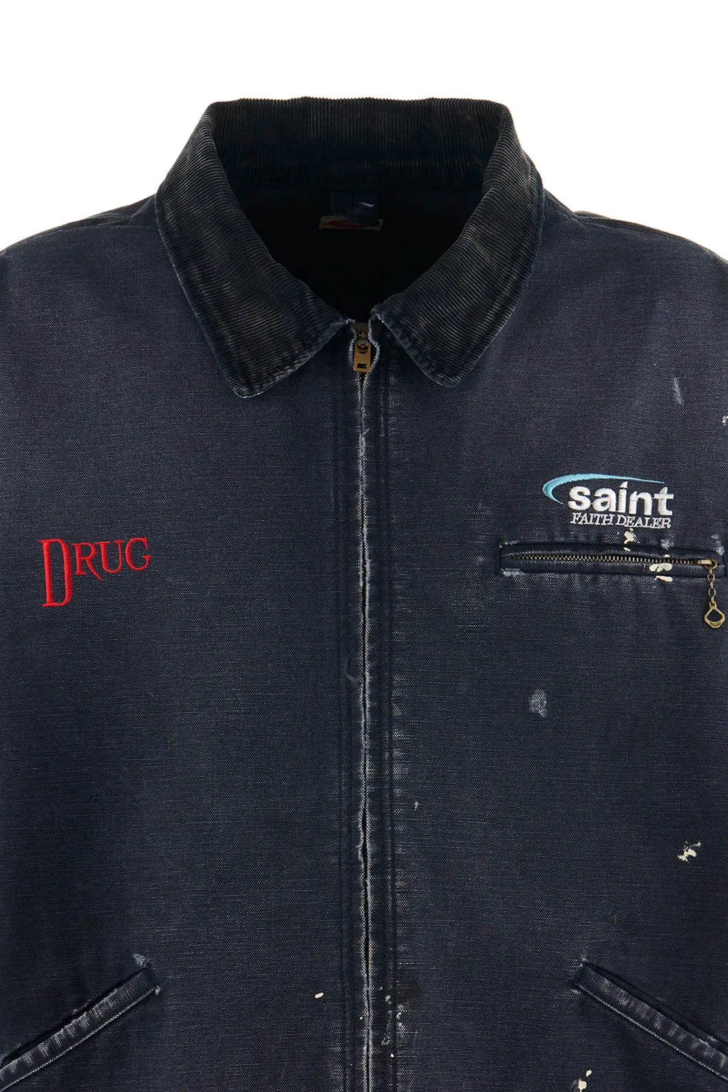 SAINT Mxxxxxx DETROIT JACKET/DRUG/BLK Detroit Workwear Washed and Distressed Jacket Washed Black S-XL A super heavy-duty Detroit jacket. It took more than 3 months to develop. All details. No detail. Complete reproduction and restoration. Customized washed and faded Assute canvas fabric. Rewashed the watermark to make the bones irregular and white. MX6 LOGO buttons, molded custom placket with LOGO zipper, no special shape zipper on chest